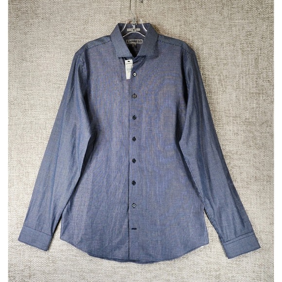 Express Other - Express Fitted Microplaid Dress Shirt Mens MT Tall Navy White Long Sleeve NWT